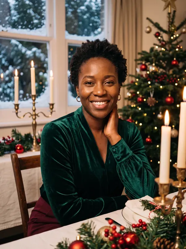 AI Christmas portrait sample: Christmas dinner, candlelight, garland and velvet