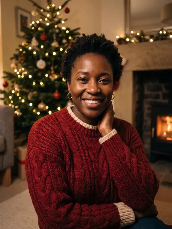 The same woman in an AI Christmas portrait by a decorated tree and fireplace