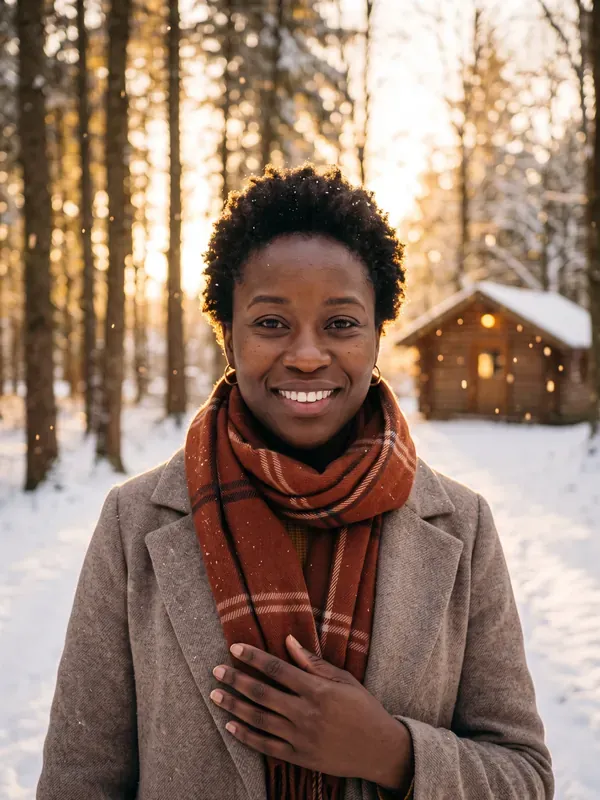 AI Christmas portrait sample: Winter forest, snowy pines at golden hour