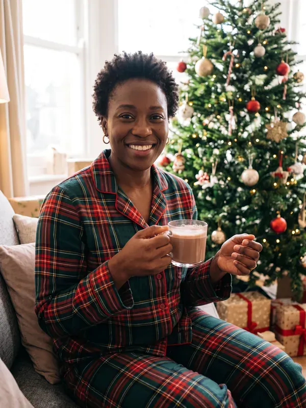 AI Christmas portrait sample: Christmas morning, matching plaid pajamas by the tree