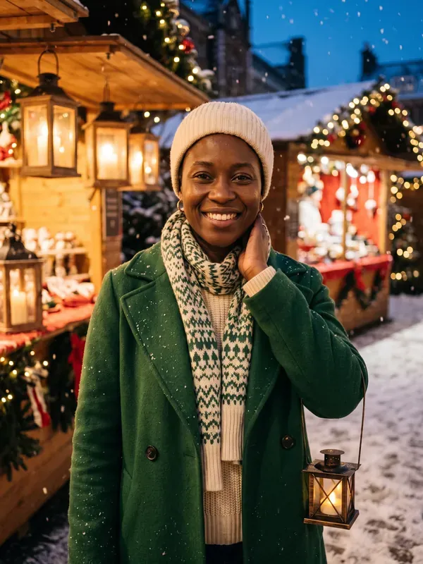 AI Christmas portrait sample: Snowy market, lantern-lit stalls and falling snow